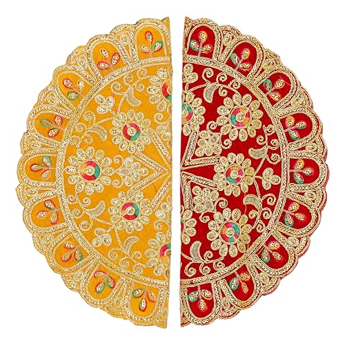 Set of 2 Round Velvet Pooja Cloth Mat Aasan Decorative Cloth for Indian Traditional Multipurpose Pooja Festival Ganesha Decorations Item and Article(Size:- 11 Inches X 11 Inches Diameter)(Red,Yellow) von Aditri Creation