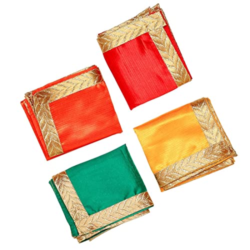 Set of 4 Decorative Pooja Cloth Red Green Yellow & Orange Large Pooja Cloth Mat Aasan Set of 4 (Size:-12 Inches X 12 Inches) Multipurpose Decorations Item & Article Decorative Puja Cloth von Aditri Creation