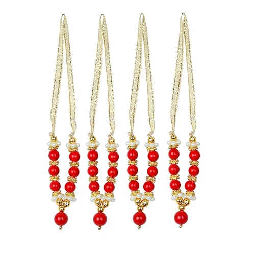 Set of 4 Mala Artificial Beads Ribbon Garland, Small Idol Mala Pooja Sringar Articles Ornament Indian Traditional Festival Decoration Home Decor for God Frame (Size:-2" Inches)(Red and Golden) von Aditri Creation