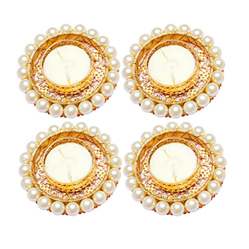 Set of 4 White Pearl Moti Design T Light Candle Stand Tealight T-Light Holders for Indian Traditional Festival Decorations Lighting Accessories Wedding Home New Year Decor (Without Wax) von Aditri Creation