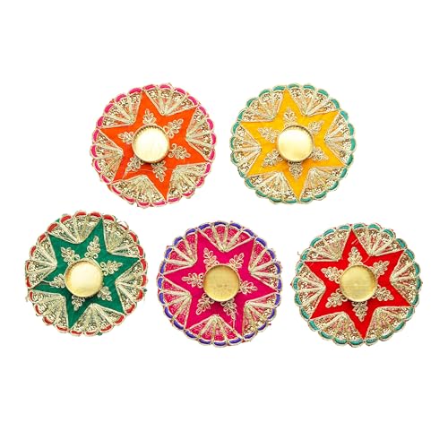 Set of 5 Decorative Mat Rangoli with T-Light Candle Holder Stand for Decorations (Red/Pink/Yellow/Green/Orange) Made up of Golden Embrodaries for New Year Gifting Idea Size 5" von Aditri Creation