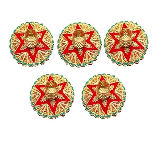 Set of 5 Decorative Mat Rangoli with T-Light Candle Holder Stand for Indian Traditional Decorations Made up of Golden Embrodaries for Diwali Decor Decorations Gifting Idea (Size 5")(Red) von Aditri Creation