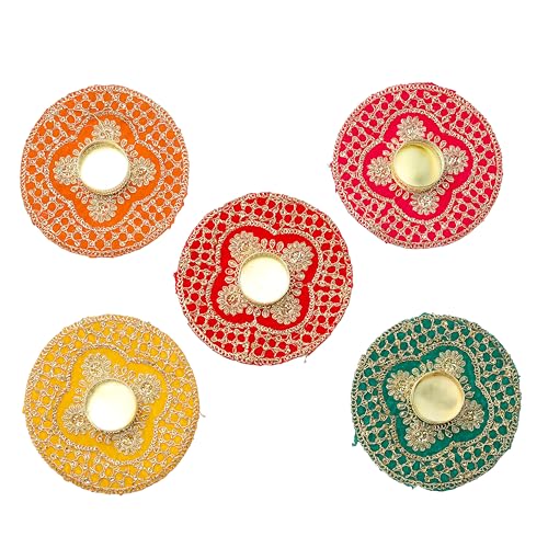 Set of 5 Decorative Mat Rangoli with T-Light Candle Holder Stand for Indian Traditional Festival Decoration Made up of Golden Embrodaries for Gifting Idea (Size 5")(Red/Pink/Yellow/Green/Orange) von Aditri Creation