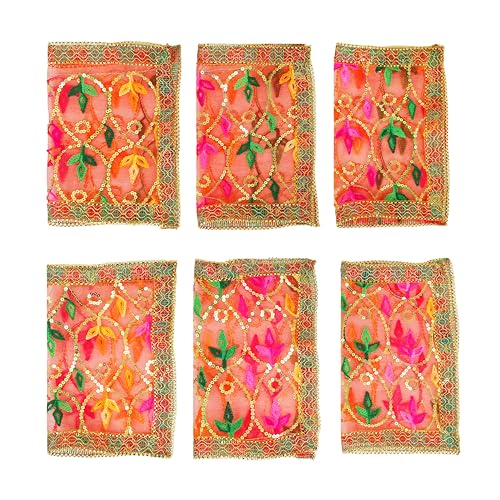 Set of 6 Chunari Artificial Netted Decorative Cloth Puja Chunni Chunar(Size:- 13 Inches x 10 Inches) Chunari Aasan Mat for Indian Traditional Festival Decoration Statue Frame Idol Temple(Red) von Aditri Creation