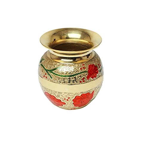 Small Brass Kalash with Minakari Work Lota Pot Utensils Drinkware for Indian Traditional Karwachauth Pooja Decoration for Temple Home Office Pure Copper Vessel Lota Kalash(Size-3''x3''x3.5'')(Golden) von Aditri Creation
