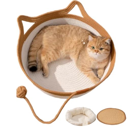 Adius Katzenkorbbett – handgewebtes Haustiernest aus Baumwollseil mit abnehmbarem, waschbarem Kissen, Spielzeugschwanz – kühles, bequemes, Rattan kühler Komfort für Hauskatzen/Hunde (L) von Adius