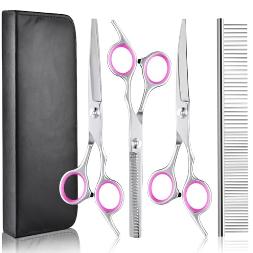 Adiwo Hundeschere Set,4 Teile Edelstahl Haustier Trimmer Kit Pfotenschere Haustierschere Mit Schneideschere Ausdünnungsschere, gebogener Schere und Pflegekamm für Hundekatzen und mehr Haustiere von Adiwo