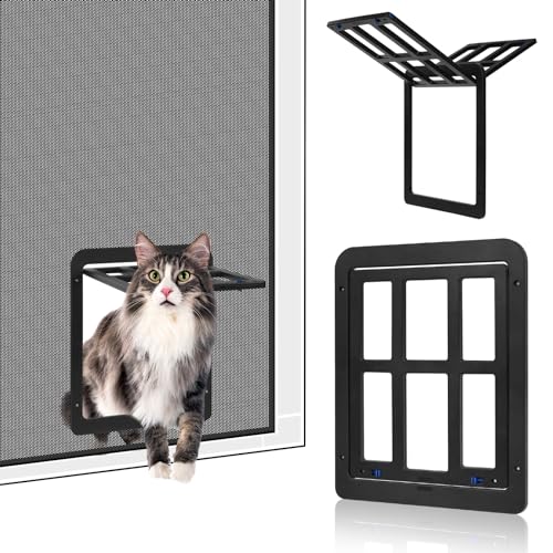 Adiwo Katzenklappe für Fliegengitter, 31.5 x 25 cm Schwarz Automatischen Verschluss Hundeklappe Fliegengitter Balkontür mit Katzenklappe Haustierklappe mit Kreuzschlitzschraubendreher von Adiwo