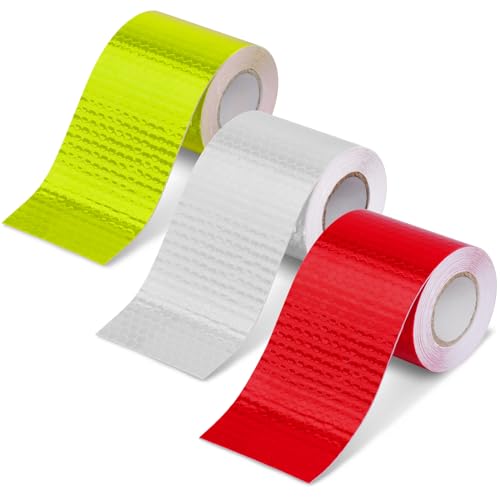 Adiwo Reflektorband Selbstklebend, 3 Rollen 3 m x 5 cm Zuschneidbar Reflektor Aufkleber Selbstklebend Reflektierendes Klebeband Starke Reflektion Reflektor Tape für (Rot, Weiß, Gelb) von Adiwo