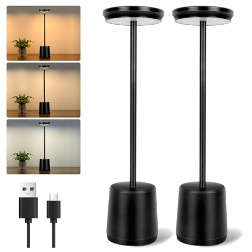 Adiwo Tischlampe Kabellos, 3 Farbmodi Metall Aluminium Touch Control Dimmbare 4800mAh LED Akku Tischleuchte Wasserdicht Tragbar USB Aufladbar Nachttischlampe für Drinnen Draußen Restaurant Café -2 St von Adiwo