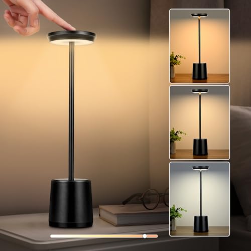 Adiwo Tischlampe Kabellos, 3 Farbmodi Metall Aluminium Touch Control Dimmbare 4800mAh LED Akku Tischleuchte Wasserdicht Tragbar USB Aufladbar Nachttischlampe für Drinnen Draußen Restaurant Café von Adiwo