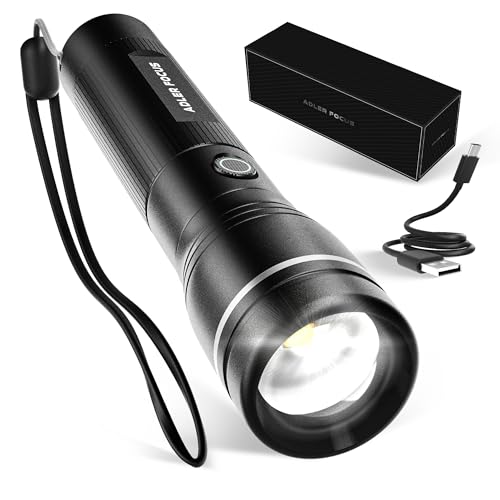 Adler Focus Taschenlampe | LED wiederaufladbar 1000 Lumen | Fokussierbare Strahlreichweite von 600 Metern | 22 Stunden Leuchtdauer | Für Camping, Wandern [Energieklasse A] von Adler Focus