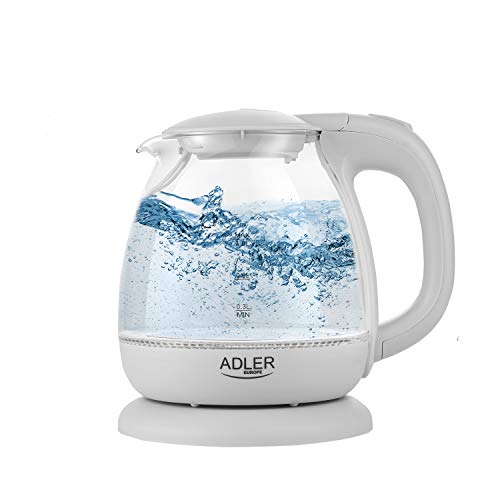 ADLER AD 1283G Wasserkocher aus Glas und Kunstoff, 1L, 1100 W, LED Beleuchtung, Glaswasserkocher für Tee, mit Kalkfilter, Auto-Off, 360 Grad, Tauchsieder aus Edelstahl, Grau von ADLER