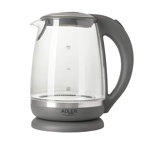 Adler AD 1286 Wasserkocher aus Glas und Kunstoff, 2L, 2000 W, LED Beleuchtung, Glaswasserkocher für Tee, Kalkfilter, Automatische Abschaltung, Tauchsieder aus Edelstahl, grau Transparent/Grau von ADLER