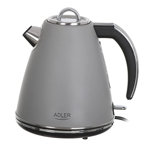 Adler AD 1343 Elektrischer Wasserkocher aus Metall 1,5 L 2200W Retro Design Strix Sicherheitskontrollsystem Wasserstandsanzeige Edelstahlgehäuse 360° Basis (Grau) von ADLER