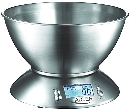 Adler AD 3134 Digitale Küchenwaage mit Edelstahl-Schüssel, silber metallic von ADLER