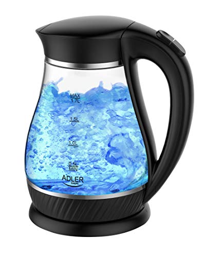 Adler Black Wasserkocher aus Glas mit einem Fassungsvermögen von 1,7 Liter und 2000 W Leistung AD 1274 schwarz, 2200, Edelstahl, 1.7 liters von ADLER