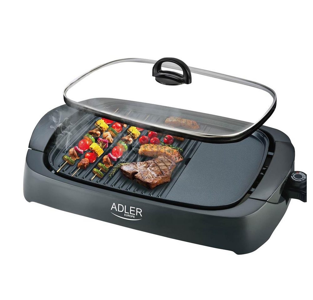 Adler Tischgrill AD 6610 Elektrogrill, Tischgrill mit Glasdeckel / Abdeckung, 2 Grillflächen von Adler