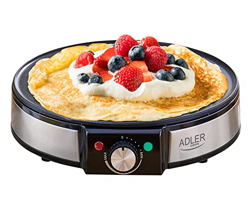 ADLER AD3058 Crêpes und Pfannkuchen Maker – Elektrische Antihaft-Heizplatte mit Erhöhten Kanten für Weniger Abfall – Einstellbare Temperatur – Holzverteiler und Pfannenwender im Lieferumfang Enthalten von ADLER