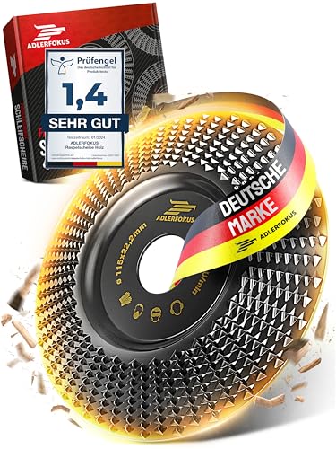 Adlerfokus Holz Schleifscheibe 115mm Winkelschleifer [EXTRA SCHARF] Flexscheibe für Holz - Wurzelfräse - Lackfräse - Baumstumpffräse - Raspelscheibe - Schleifen mit einer Flex Schleifscheibe von Adlerfokus