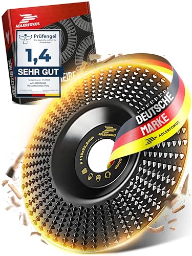 Adlerfokus Holz Schleifscheibe 115mm für Winkelschleifer [EXTRA SCHARF] - Flexscheibe, Wurzelfräse, Lackfräse, Baumstumpffräse, Raspelscheibe - Schleifen Mit Einer Flex von Adlerfokus