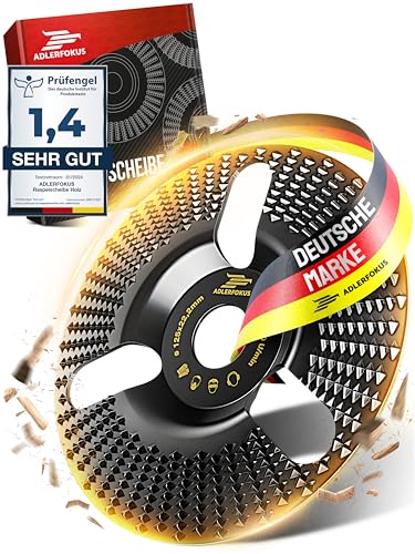 Adlerfokus Holz Schleifscheibe 125mm Winkelschleifer [EXTRA SCHARF] Flexscheibe für Holz - Wurzelfräse - Lackfräse - Baumstumpffräse - Raspelscheibe - Holz schleifen mit einer Flex Schleifscheibe von Adlerfokus