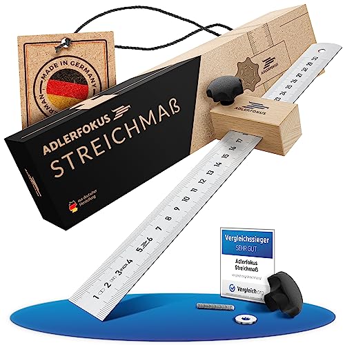 Adlerfokus Streichmaß [EG-1] - Anreisswerkzeug Made in Germany - Anschlaglineal - Anreisswerkzeug mit extra stabilem INOX Lineal – Streichmaß Metall mit Anschlag aus Buchenholz von Adlerfokus