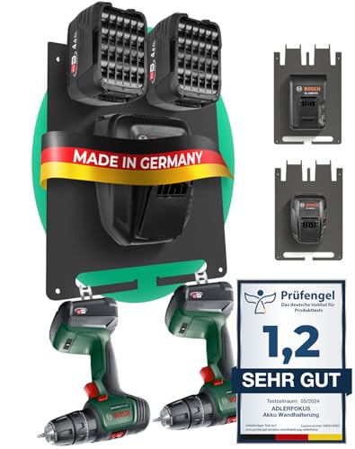 Adlerfokus Wandhalterung für Bosch Power-for-All Akkus & Ladegeräte [Made in Germany] Bosch Akkuhalter mit Premium Montagematerial - Akku Wandhalterung für Ordnung & System in der Werkstatt von Adlerfokus