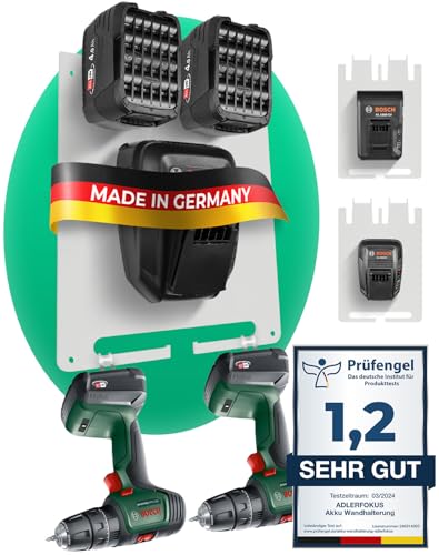 Adlerfokus Wandhalterung für Bosch Power-for-All Akkus & Ladegeräte [Made in Germany] Bosch Akkuhalter mit Premium Montagematerial - Akku Wandhalterung für Ordnung & System in der Werkstatt von Adlerfokus