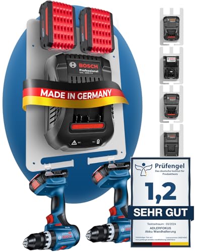 Adlerfokus Wandhalterung für Bosch Professional Akkus & Ladegeräte [Made in Germany] Akkuhalter mit Premium Montagematerial - Bosch Wandhalterung Ladegerät - Akku Wandhalterung für Ordnung & System von Adlerfokus