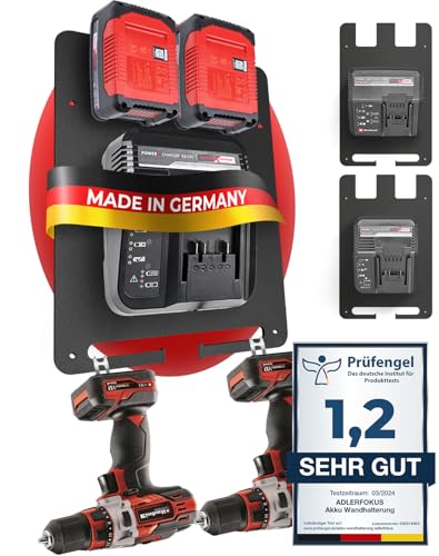 Adlerfokus Wandhalterung für Einhell Akkus & Ladegeräte [Made in Germany] Einhell Akkuhalter Wandhalterung mit Premium Montagematerial - Einhell Akku Wandhalterung 18V - Einhell Akku Halterung Wand von Adlerfokus