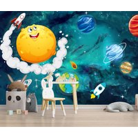 Kinderzimmer Tapete, Weltraum Und Planeten Wandbild, Cartoon Baby Raumdekoration von AdmaWallArt