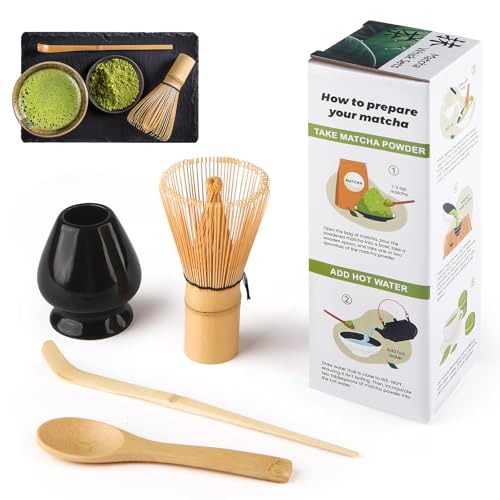 4 Piece Matcha Set, Matcha Broom, Macha Tea Set with Matcha Spoon, Whisk Holder, Matcha Besen, Matcha Zubehör Traditional Japanese Tea Ceremony Best Gift for Matcha Lovers, Schwarz von Admygo