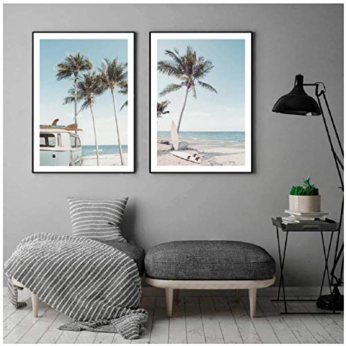 AdoDecor Bilder auf Leinwand Wandbilder Set Meeresstrand-Surfplakat Bild Wohnzimmer Bus-Kokospalme Bilder Schlafzimmer(Gerahmt) von AdoDecor