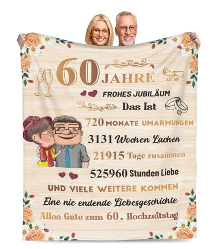 Adolgutty Diamantene Hochzeit Geschenk, 60 Jahre Ehe Hochzeitstag Geschenke Decke für Frauen Männer Paare, Jahrestag Liebe Geschenkidee für Ihn Sie, Superweiche Fleecedecke 130x150cm von Adolgutty