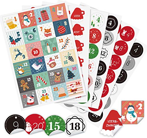 Adorfine 6 x 24 Adventskalender Zahlen Aufkleber Sticker Runde Quadratform Zahlenaufkleber Ø4 cm Selbstklebend Weihnachtskalender zum Basteln Dekorieren Geschenk Selbermachen von Adorfine