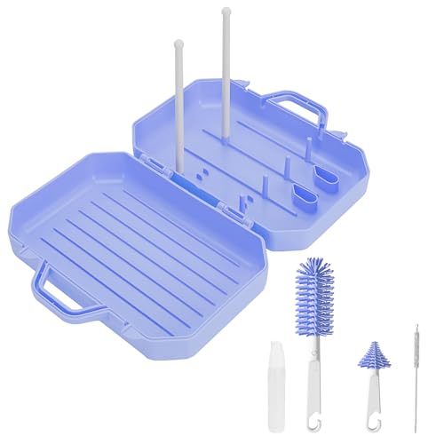 Adorila Reiseflaschenbürsten-Set mit Ständer, tragbares Flaschenreiniger-Set mit Silikon-Flaschenbürste, Trockengestell, Nippelbürste, Strohbürste, Seifenspender (Blau) von Adorila
