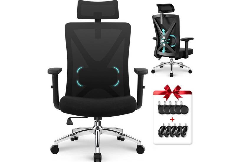 Adormii Bürostuhl Ergonomischer Bürostuhl,Bürostuhl mit Weiches-3D-Lendenkissen (Drehstuhl 360°mit Metallbasis,Verstellbarer Kopfstütze, Verstellbare- Armlehne und verstellbarer Lendenwirbelstütze,Computerstuhl, Wippfunktion bis 135), Gummirollen,Höhenverstellbar, Atmungsaktiver Netzbezug, 150KG von Adormii