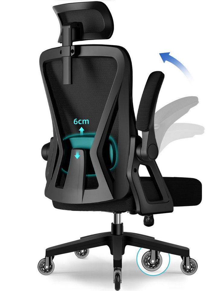 Adormii Bürostuhl Ergonomischer Bürostuhl mit klappbaren Armlehnen und Rückenlehnen (Drehstuhl mit Drehbare, höhenverstellbarer Kopfstütze, geräuscharme Rollen, 90°-135° Wippfunktion Bürostuhl, belastbar bis 150kg, Netz atmungsaktiv, Chefsessel), Leise Rollen, getestet und garantiert für 2-Jahre von Adormii