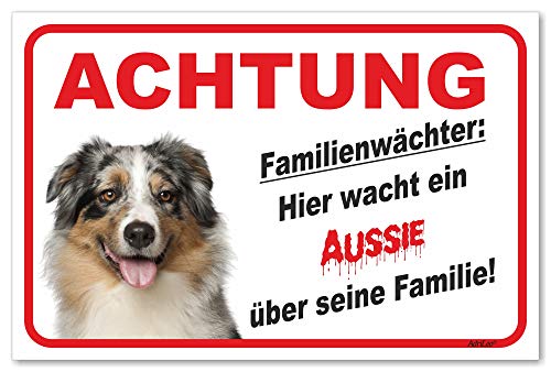 AdriLeo Schild - Vorsicht Australian Shepherd Blue-Merle - Familienwächter - (20x30cm) / Aussie Achtung Hund Wachhund robust langlebig UV-beständig wetterfestes Warnschild von AdriLeo