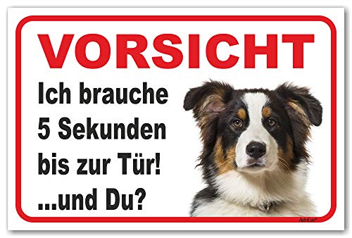 AdriLeo Schild - Vorsicht Australian Shepherd Tri-Color - 5 Sekunden - (20x30cm) / Aussie Achtung Hund Wachhund von AdriLeo