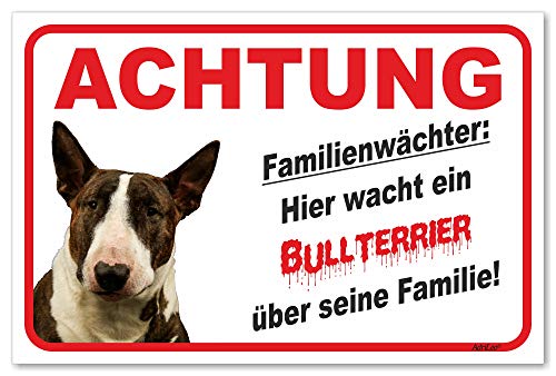 AdriLeo Schild - Vorsicht Bullterrier - Familienwächter - (30x40cm) / dunkelbraun/weiß - Achtung Hund Wachhund von AdriLeo