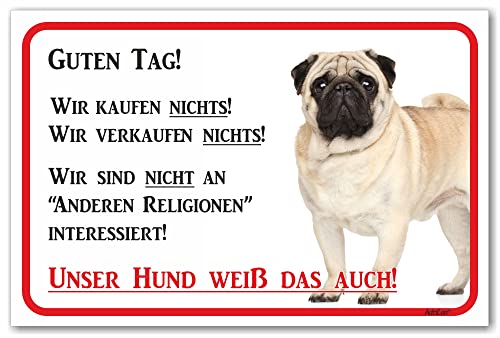 AdriLeo Schild - Vorsicht Mops - Wir kaufen nichts - (20x30cm) / Achtung beige fawn Hund Wachhund robust langlebig UV-beständig wetterfestes Warnschild von AdriLeo
