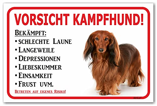 AdriLeo Schild - Vorsicht Roter Langhaardackel - Kampfhund - (30x40cm) / Achtung Hund Wachhund Dackel Teckel Dachshund robust langlebig UV-beständig wetterfestes Warnschild von AdriLeo