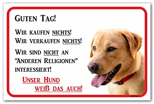 AdriLeo Schild - Vorsicht blonder Labrador Retriever - Wir kaufen nichts - (20x30cm) / Achtung Hund Wachhund robust langlebig UV-beständig wetterfestes Warnschild (beige/gelb) von AdriLeo