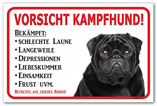 AdriLeo Schild - Vorsicht schwarzer Mops - Kampfhund - (15 x 20cm) / Achtung Hund Wachhund robust langlebig UV-beständig wetterfestes Warnschild von AdriLeo