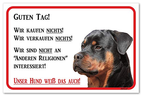 AdriLeo Schild - Vorsicht Rottweiler - Wir kaufen nichts - (15x20cm) / Achtung Hund Wachhund robust langlebig UV-beständig wetterfestes Warnschild von AdriLeo