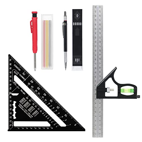 Adusa Zimmermannswinkel,Multifunktional Zimmererwinkel 17cm Metrisch,Anschlagwinkel Set+Lochreihe,90 45grad winkel Winkelmesser Set,2 Stück Solider Baustelle Tieflochmarker Bleistift mit 20 Ersatzmine von Adusa