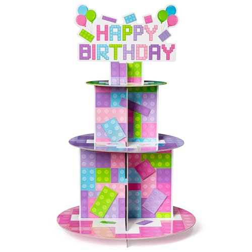 Adval9Vram Rosa Block Cupcake Ständer - 3 Etagen Rosa Block Geburtstagsfeier Tortenständer aus Karton, Dessert Turm Halter Muffinständer Runder Serviertablettständer für Geburtstag Party Hochzeit von Adval9Vram