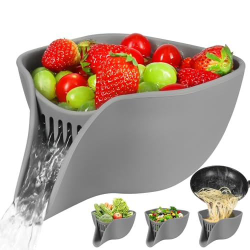 Advantez 2,3 l Multifunktionaler Abflusskorb – Kleines Silikon-Sieb mit Ausguss für 1,4–2,8 l, Nudelsieb & Lebensmittelsieb, Schüssel für Obst, Beeren, Gemüse und Salat Spülbeckensiebkorb (Grau) von Advantez